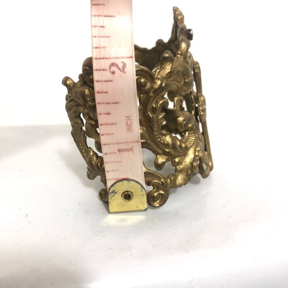 Vintage Wide Cuff Bracelet Virgins Saints & Angels Cross Gold Tone Ornate - Picture 12 of 14